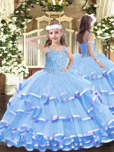 Aqua Blue Ball Gowns Straps Sleeveless Organza Floor Length Lace Up Beading and Ruffled Layers Pageant Gowns For Girls