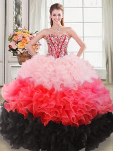 Latest Multi-color Ball Gowns Organza Sweetheart Sleeveless Beading and Ruffles Floor Length Lace Up Quinceanera Gown