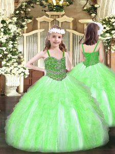 Customized Organza Lace Up Straps Sleeveless Floor Length Pageant Dress for Girls Beading and Ruffles