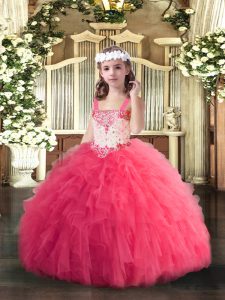 Hot Pink Sleeveless Beading and Ruffles Floor Length Pageant Dresses
