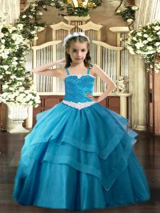 Lovely Baby Blue Straps Neckline Appliques and Ruffled Layers Pageant Dress Wholesale Sleeveless Lace Up