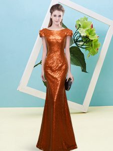 Rust Red Zipper Scoop Sequins Prom Party Dress Sequined Cap Sleeves