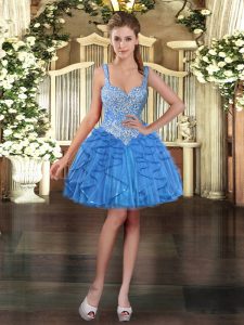 Baby Blue Tulle Lace Up Straps Sleeveless Mini Length Homecoming Party Dress Beading and Ruffles
