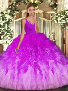 Ideal Ball Gowns Sweet 16 Quinceanera Dress Multi-color V-neck Tulle Sleeveless Floor Length Backless