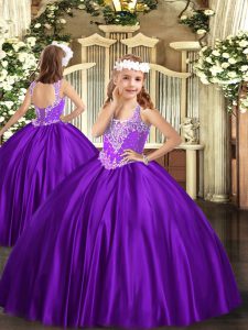 Purple Ball Gowns V-neck Sleeveless Satin Floor Length Lace Up Beading Kids Formal Wear