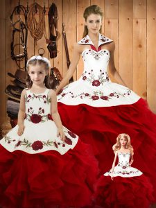 Floor Length Wine Red Quinceanera Gown Halter Top Sleeveless Lace Up