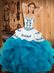 Noble Satin and Organza Sleeveless Floor Length Quinceanera Dress and Embroidery and Ruffles