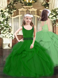 Scoop Sleeveless Little Girls Pageant Gowns Floor Length Beading and Ruffles Dark Green Tulle