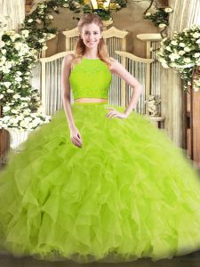 Sleeveless Tulle Floor Length Zipper Sweet 16 Dress in Yellow Green with Ruffles