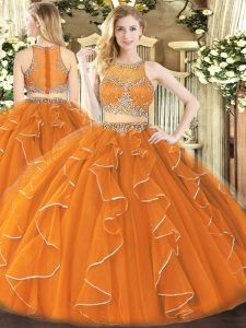 Edgy Orange Zipper Quinceanera Gown Beading and Ruffles Sleeveless Floor Length