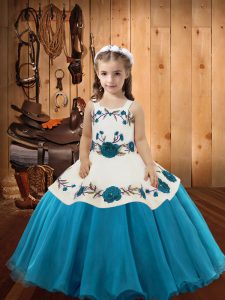 Stylish Sleeveless Floor Length Embroidery Lace Up Kids Pageant Dress with Teal