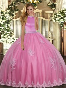 Luxurious Rose Pink Sleeveless Tulle Backless Ball Gown Prom Dress for Military Ball and Sweet 16 and Quinceanera