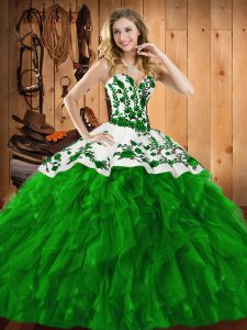 Fashion Sleeveless Satin and Organza Floor Length Lace Up Sweet 16 Dresses in Green with Embroidery and Ruffles
