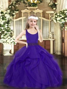 Purple Little Girl Pageant Dress Party and Quinceanera with Beading and Ruffles Scoop Sleeveless Zipper