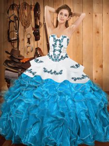 Pretty Teal Satin and Organza Lace Up Strapless Sleeveless Floor Length 15th Birthday Dress Embroidery and Ruffles
