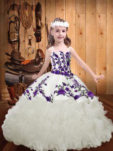 Embroidery and Ruffles Little Girl Pageant Dress White Lace Up Sleeveless Brush Train