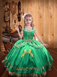 Glorious Turquoise Satin Lace Up Off The Shoulder Sleeveless Floor Length Little Girls Pageant Dress Beading and Embroid