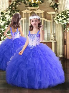 Low Price Blue Straps Neckline Beading and Ruffles Little Girls Pageant Gowns Sleeveless Lace Up