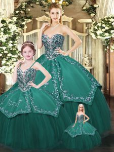 Floor Length Lace Up Vestidos de Quinceanera Dark Green for Military Ball and Sweet 16 and Quinceanera with Embroidery