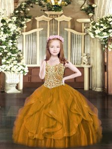 Pretty Brown Sleeveless Floor Length Beading and Ruffles Lace Up Little Girls Pageant Dress Wholesale