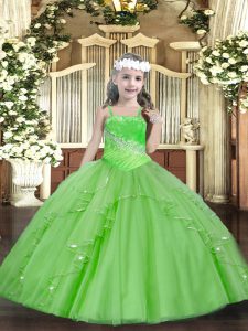 Tulle Lace Up Little Girls Pageant Dress Sleeveless Floor Length Beading and Ruffles and Sequins