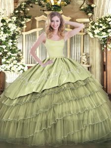 Custom Designed Floor Length Olive Green Ball Gown Prom Dress Organza Sleeveless Embroidery and Ruffled Layers