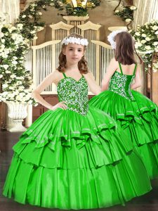 Best Green Organza Lace Up Pageant Gowns For Girls Sleeveless Floor Length Beading and Ruffled Layers