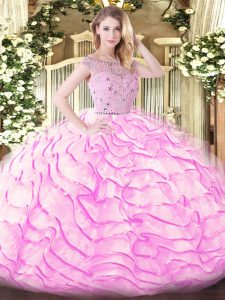 Elegant Lilac Tulle Zipper Bateau Sleeveless Sweet 16 Dresses Sweep Train Beading and Ruffled Layers
