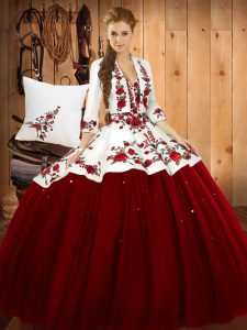 New Arrival Wine Red Ball Gowns Sweetheart Sleeveless Satin and Tulle Floor Length Lace Up Embroidery Ball Gown Prom Dre