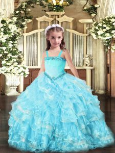 Straps Sleeveless Girls Pageant Dresses Floor Length Appliques and Ruffled Layers Light Blue Organza