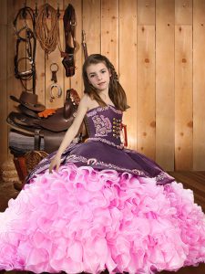 Luxurious Rose Pink Lace Up Little Girls Pageant Dress Embroidery and Ruffles Sleeveless Brush Train