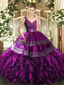 Organza V-neck Sleeveless Backless Beading and Ruffles and Ruching Quinceanera Gown in Purple