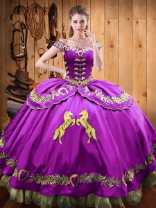 Comfortable Satin and Organza Off The Shoulder Sleeveless Lace Up Beading and Embroidery Quince Ball Gowns in Eggplant P