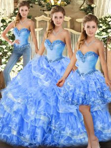 Light Blue Sleeveless Organza Lace Up Vestidos de Quinceanera for Military Ball and Sweet 16 and Quinceanera
