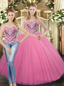Rose Pink Ball Gowns Sweetheart Sleeveless Tulle Floor Length Lace Up Beading Quinceanera Gowns