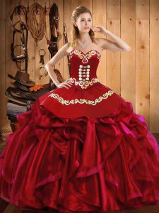 Cheap Floor Length Lace Up Quinceanera Gown Wine Red for Military Ball and Sweet 16 and Quinceanera with Embroidery and 
