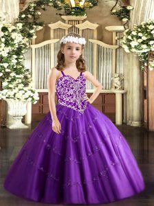 New Style Sleeveless Lace Up Floor Length Beading and Appliques Kids Pageant Dress