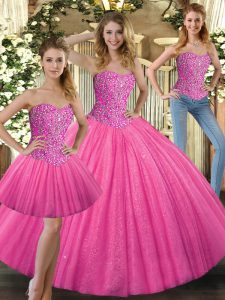 Pretty Beading Sweet 16 Dress Hot Pink Lace Up Sleeveless Floor Length