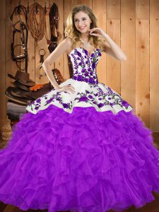 Floor Length Lace Up 15th Birthday Dress Purple for Military Ball and Sweet 16 and Quinceanera with Embroidery and Ruffl