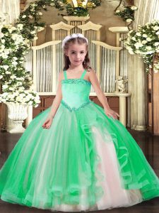 Perfect Sleeveless Floor Length Appliques Lace Up Little Girls Pageant Gowns with Turquoise