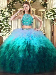 Great Multi-color Zipper High-neck Beading and Ruffles Sweet 16 Dresses Tulle Sleeveless
