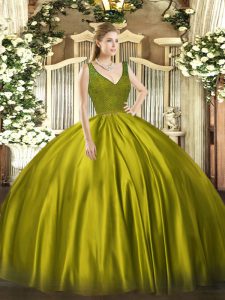 Olive Green Satin Backless V-neck Sleeveless Floor Length Quinceanera Dress Beading and Lace