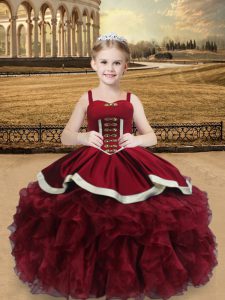 Floor Length Lace Up Pageant Dress Toddler Wine Red for Sweet 16 and Quinceanera with Beading and Ruffles