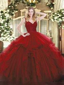 Beauteous Sleeveless Organza Floor Length Zipper Quinceanera Gown in Wine Red with Beading and Ruffles