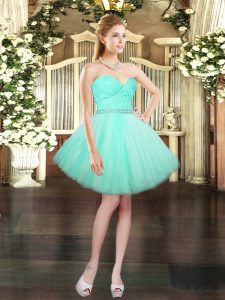 Flirting Mini Length Aqua Blue Homecoming Dress Online Tulle Sleeveless Beading and Lace