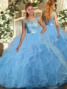 Amazing Floor Length Baby Blue Quinceanera Dress Tulle Sleeveless Lace and Ruffles