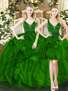 Sleeveless Tulle Floor Length Lace Up Sweet 16 Quinceanera Dress in Dark Green with Beading and Ruffles