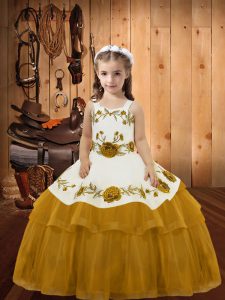 Straps Sleeveless Kids Formal Wear Floor Length Embroidery and Ruffled Layers Gold Organza