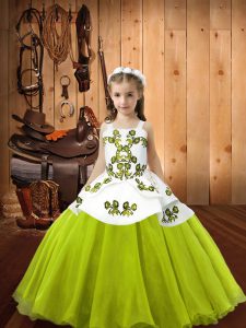 Perfect Yellow Green Ball Gowns Organza Straps Sleeveless Embroidery Floor Length Lace Up Little Girls Pageant Dress
