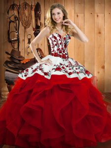 Lovely Floor Length Wine Red 15th Birthday Dress Satin and Organza Sleeveless Embroidery and Ruffles